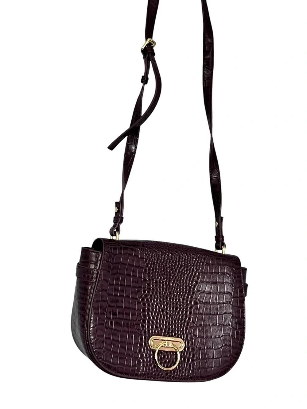 Croc-Embossed Crossbody Saddle Bag in Plum